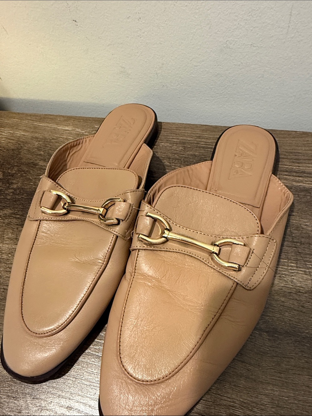Zara Beige Leather Mule Loafers with Gold Horsebit